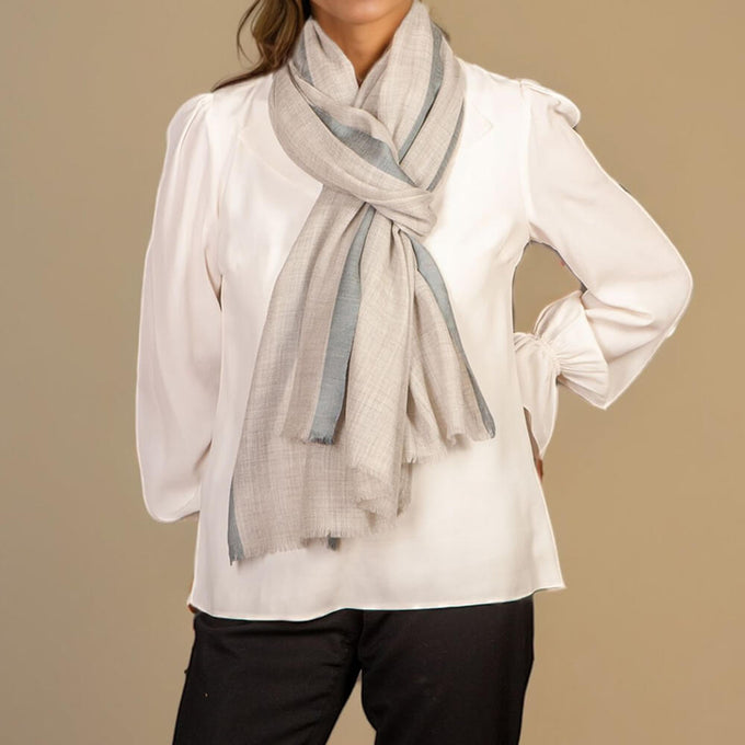 Silver Grey Melange Cashmere and Silk Wrap with Grey Silk Border