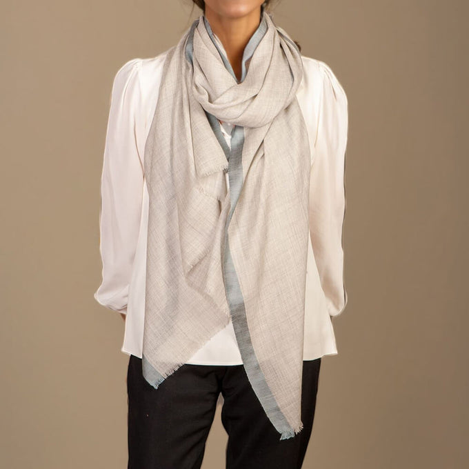 Silver Grey Melange Cashmere and Silk Wrap with Grey Silk Border