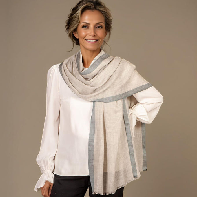 Silver Grey Melange Cashmere and Silk Wrap with Grey Silk Border