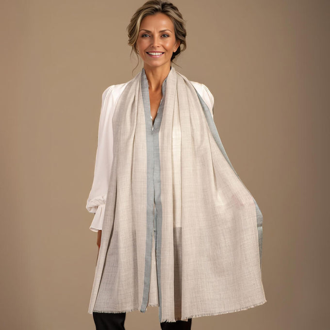 Silver Grey Melange Cashmere and Silk Wrap with Grey Silk Border