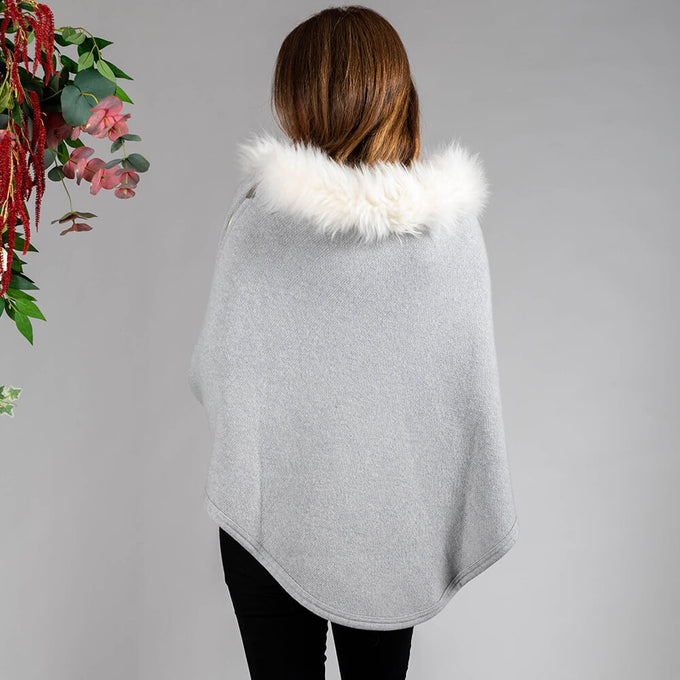 Pearl Grey Cashmere Poncho with Cashmere Fur Trim