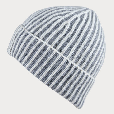 Grey and Ivory Striped Cashmere Beanie