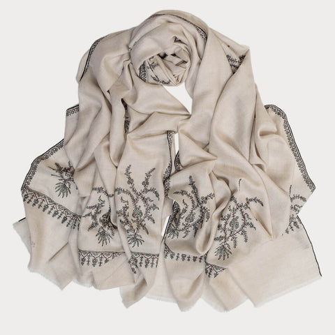 Hand Embroidered Pashmina Cashmere Shawl - Ivory Floral