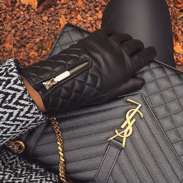 Black Leather Quilted Gloves with Cashmere Lining