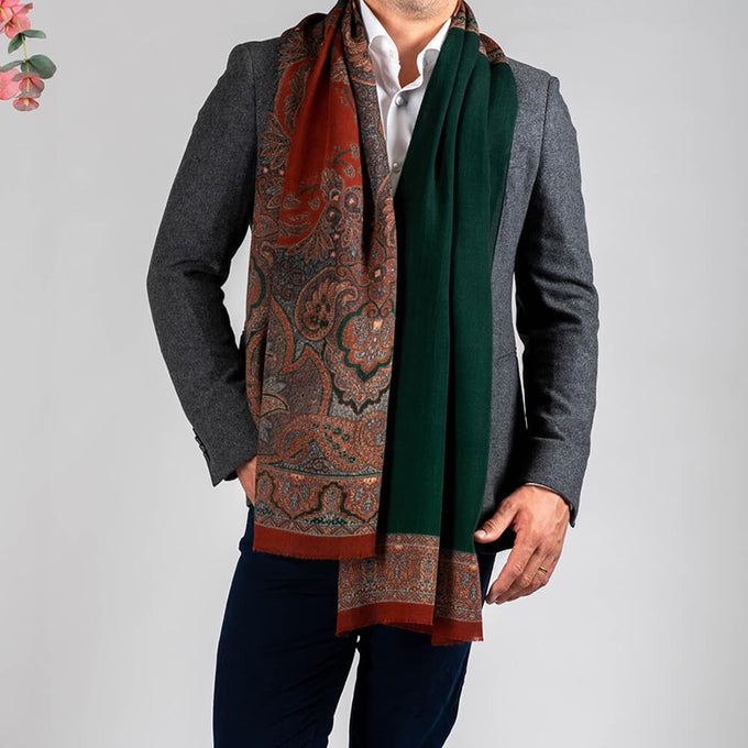 Trento Green and Russet Italian Wool Scarf