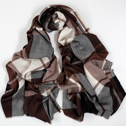 Merton Brown and Ivory Check Silk and Wool Scarf