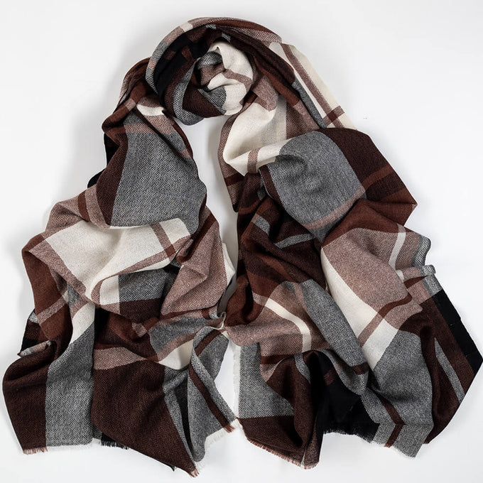 Merton Brown and Ivory Check Silk and Wool Scarf