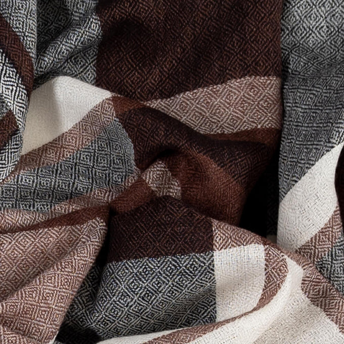 Merton Brown and Ivory Check Silk and Wool Scarf