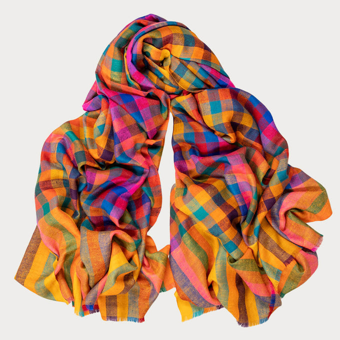 Kaleidoscopic Check Cashmere Shawl