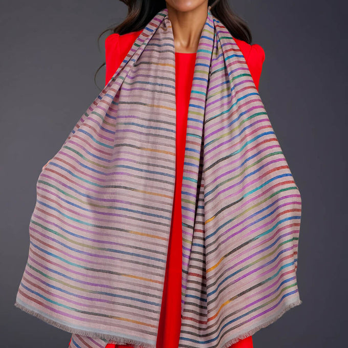 Muted Striped Ikat Pashmina Cashmere Shawl