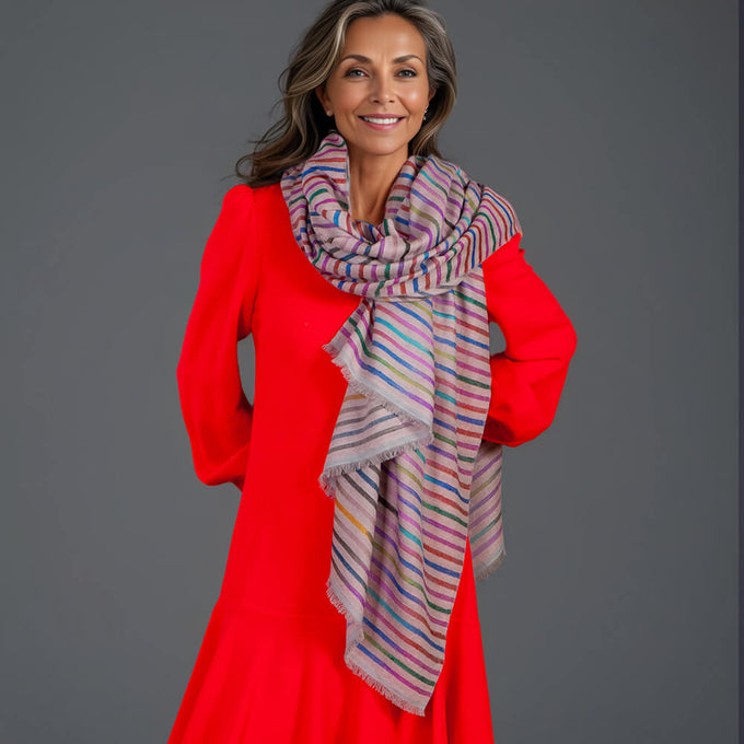 Muted Striped Ikat Pashmina Cashmere Shawl