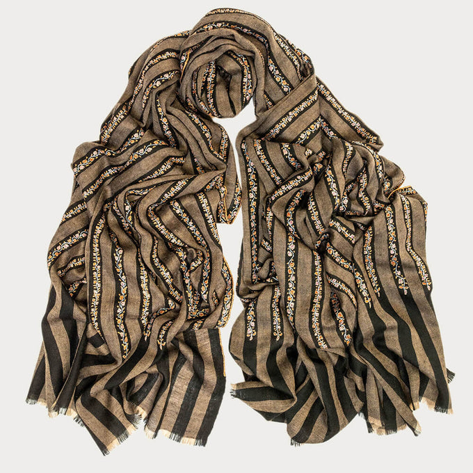 Hand Embroidered Pashmina Cashmere Shawl - Narrow Stripe