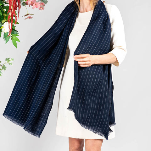 Navy and White Pinstripe Cashmere Shawl