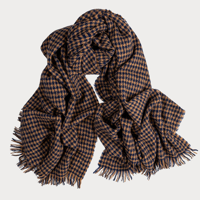 Navy and Copper Check Oversize Cashmere Scarf