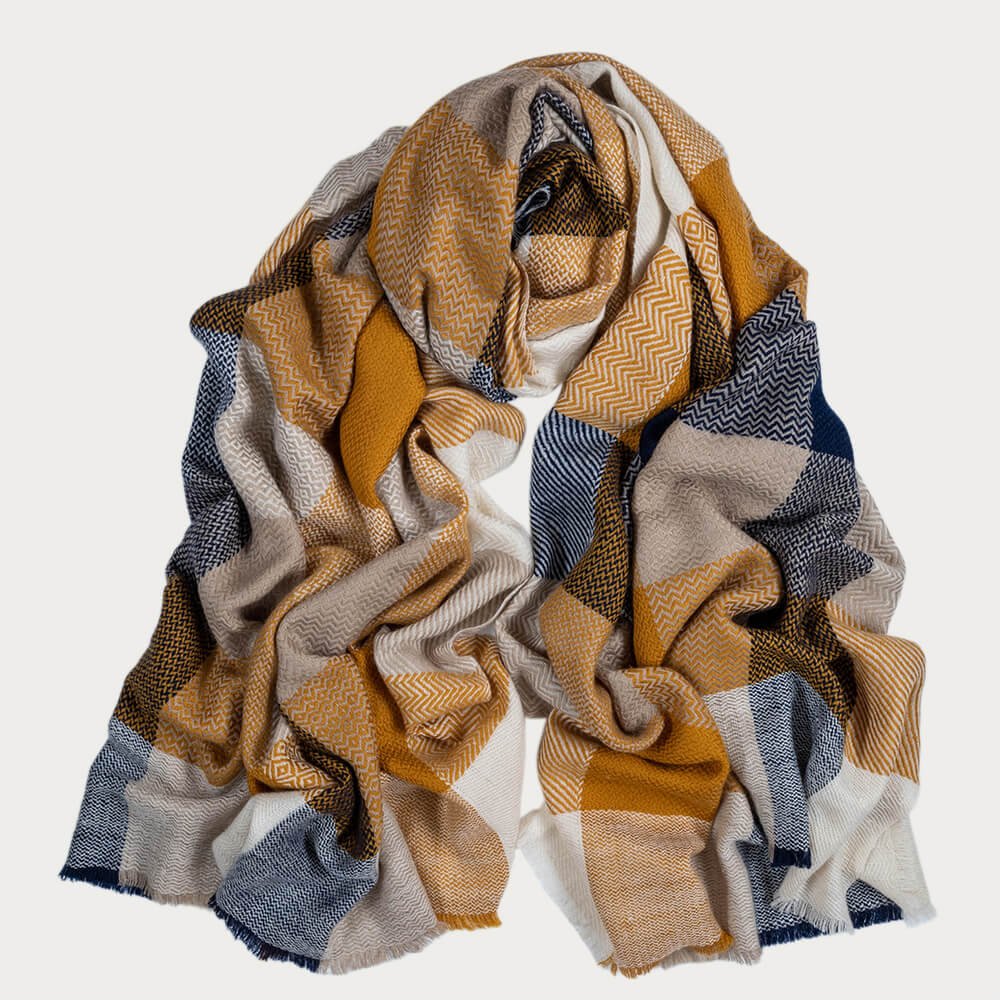 Navy and Brown Check Cashmere Shawl – Black.co.uk