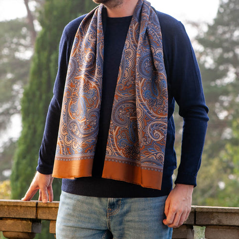 Matera Amber & Blue Paisley Silk and Wool Scarf