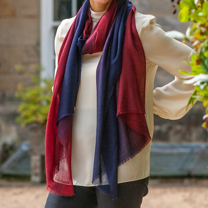 Navy to Burgundy Shaded Cashmere and Silk Wrap
