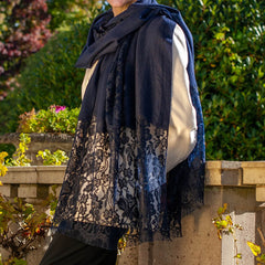 Navy Cashmere and Chantilly Lace Shawl
