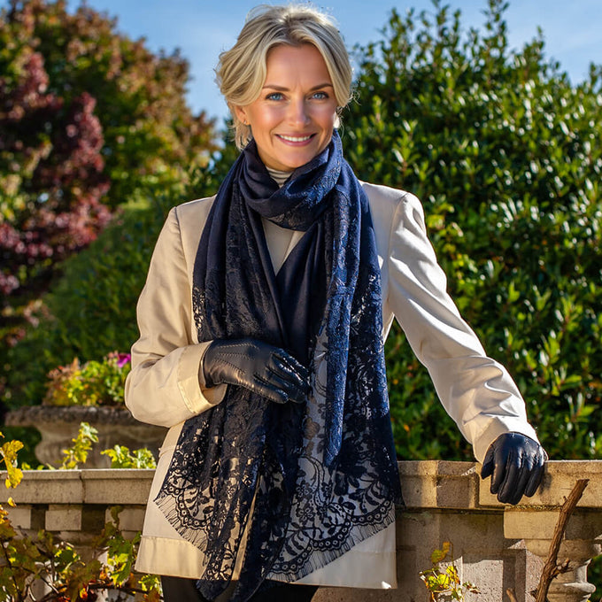 Navy Cashmere and Chantilly Lace Shawl