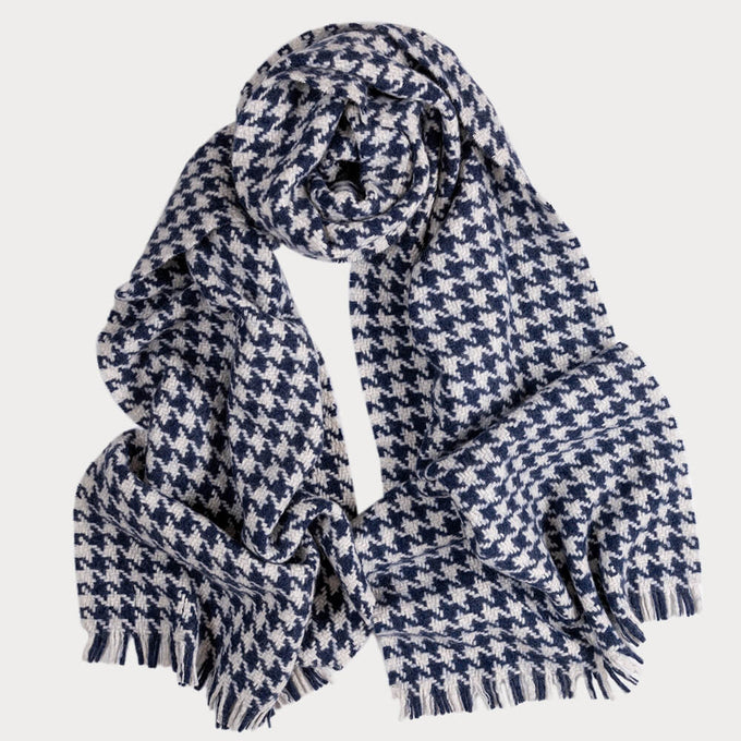 Deluxe Navy and Ivory Houndstooth Cashmere Scarf