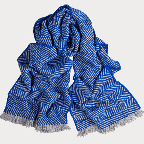 Deluxe Royal Blue and Grey Herringbone Cashmere Scarf