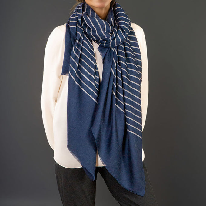 Navy Pinstripe Pashmina Cashmere Shawl