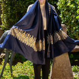 Hand Embroidered Pashmina Cashmere Shawl - Navy Floral