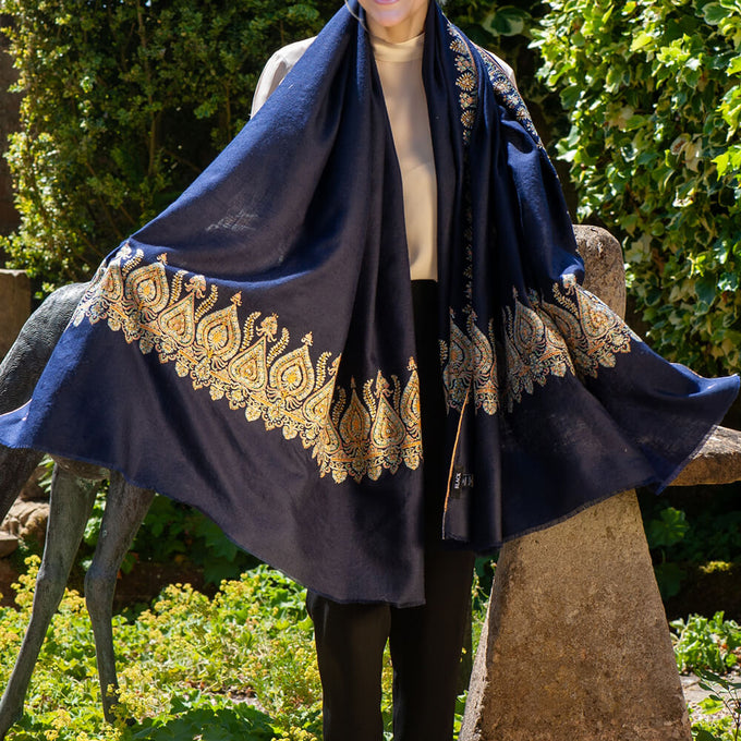 Hand Embroidered Pashmina Cashmere Shawl - Navy Floral