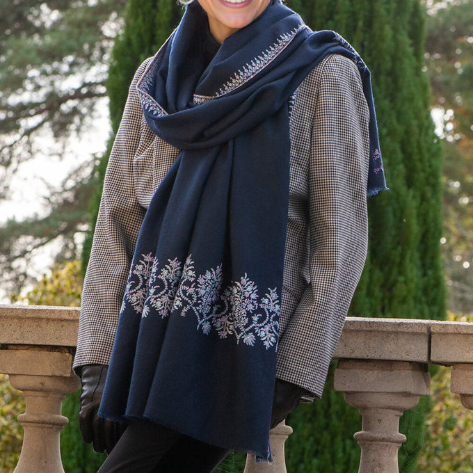 Hand Embroidered Pashmina Cashmere Shawl - Navy Floral