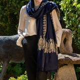 Hand Embroidered Pashmina Cashmere Shawl - Navy Floral
