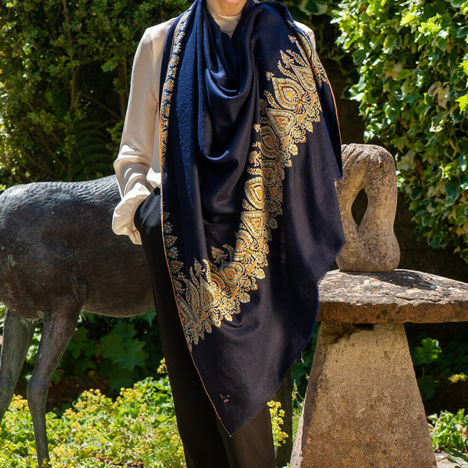 Hand Embroidered Pashmina Cashmere Shawl - Navy Floral
