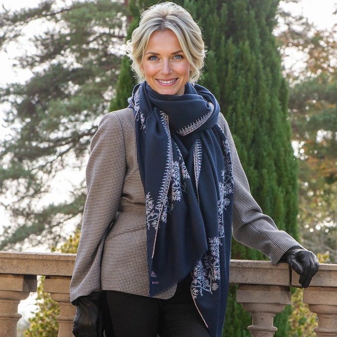 Hand Embroidered Pashmina Cashmere Shawl - Navy Floral