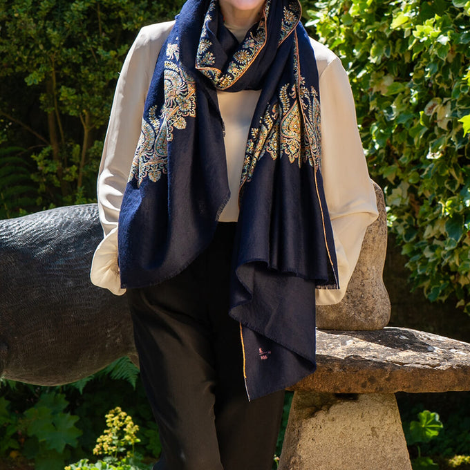 Hand Embroidered Pashmina Cashmere Shawl - Navy Floral