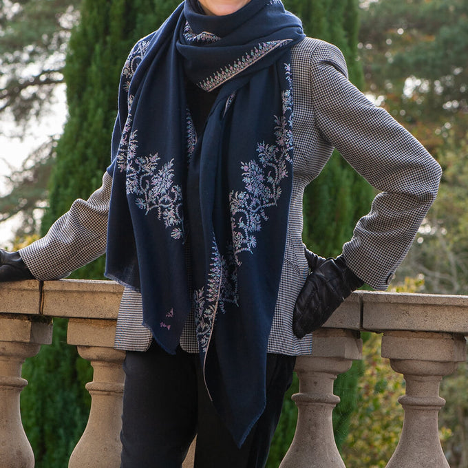 Hand Embroidered Pashmina Cashmere Shawl - Navy Floral