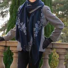 Hand Embroidered Pashmina Cashmere Shawl - Navy Floral