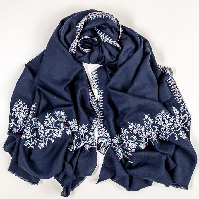 Hand Embroidered Pashmina Cashmere Shawl - Navy Floral