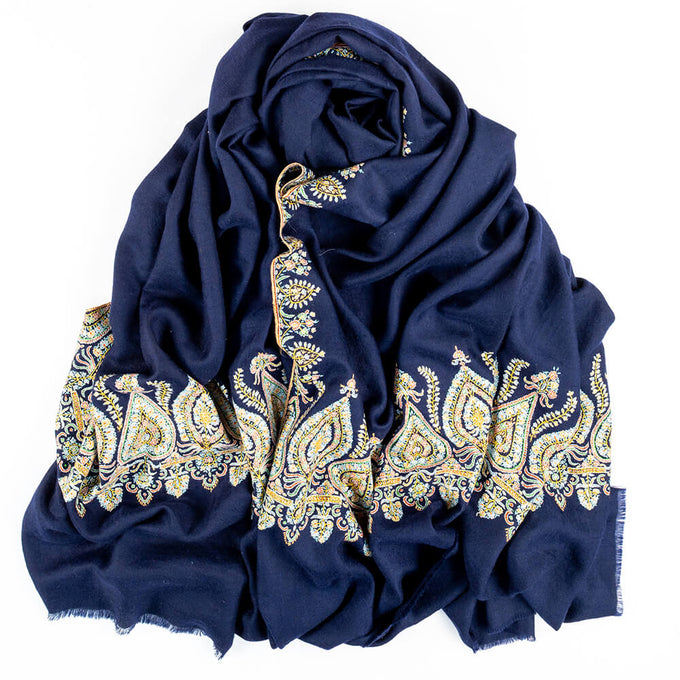Hand Embroidered Pashmina Cashmere Shawl - Navy Floral