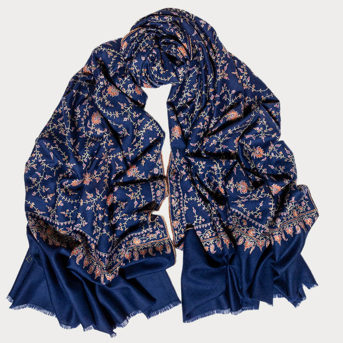 Hand Embroidered Pashmina Cashmere Shawl - Navy Floral