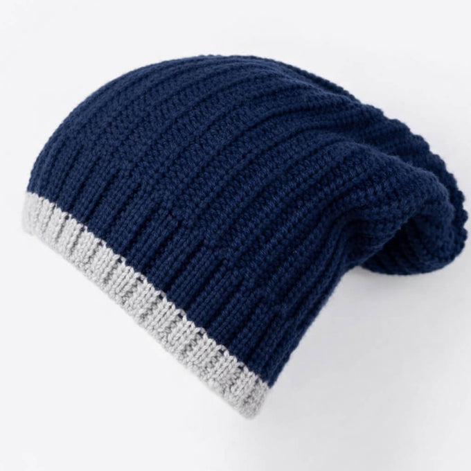 Navy and Grey Cashmere Slouch Beanie