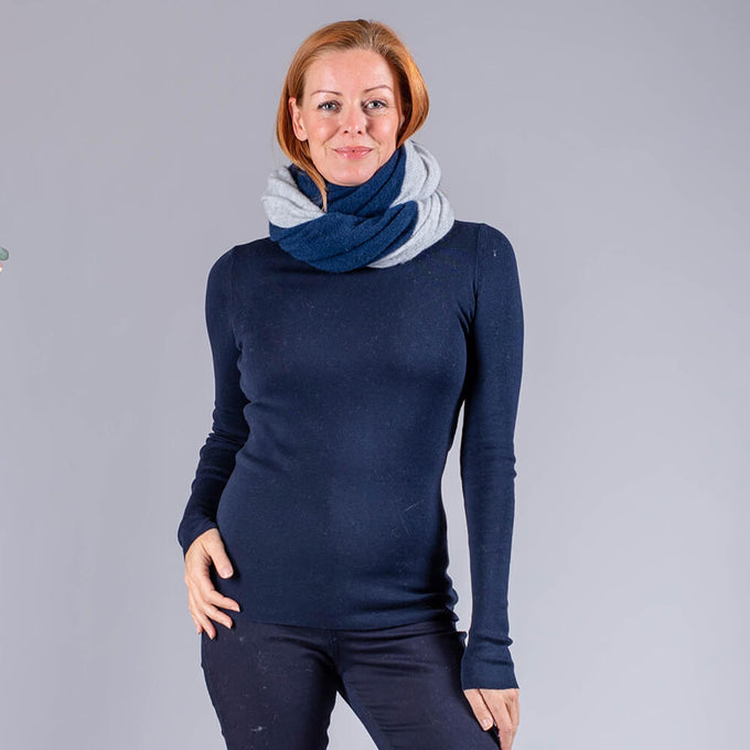Navy and Silver Grey Double Sided Long Cashmere Snood