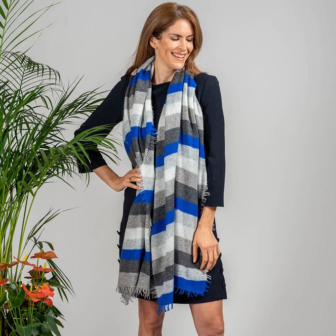 Greys and Navy Striped Knitted Cashmere Scarf