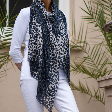 Midnight Navy Leopard Print Cashmere and Silk Scarf