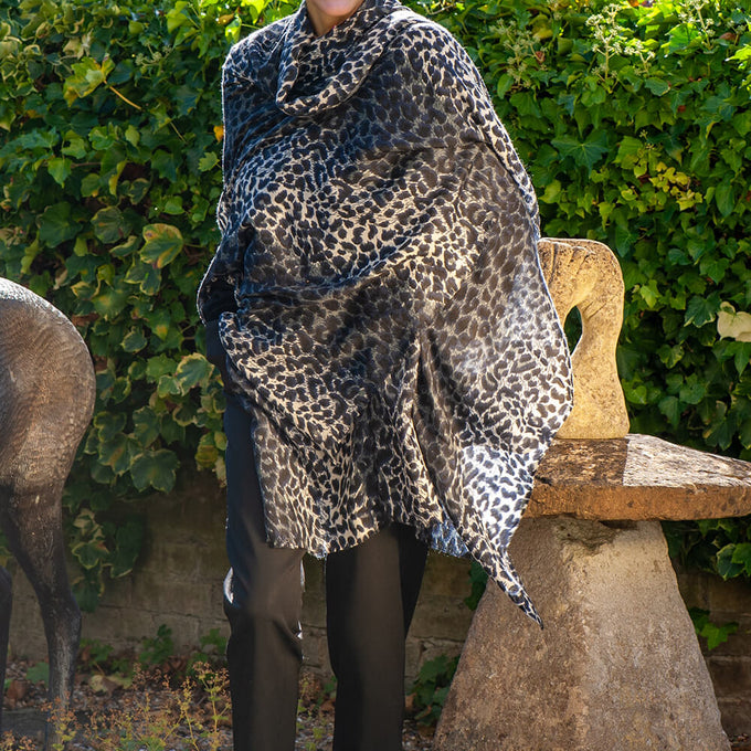Supersize Navy Leopard Print Cashmere and Silk Shawl