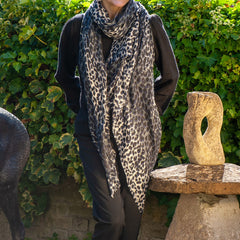 Supersize Navy Leopard Print Cashmere and Silk Shawl