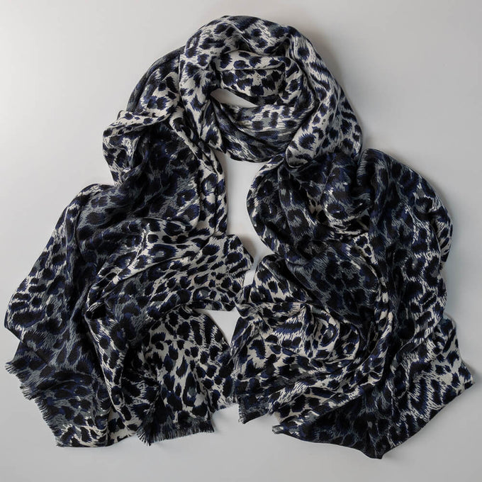 Supersize Navy Leopard Print Cashmere and Silk Shawl
