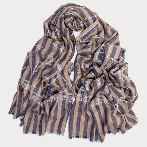 Hand Embroidered Pashmina Cashmere Shawl - Navy & Natural Stripe