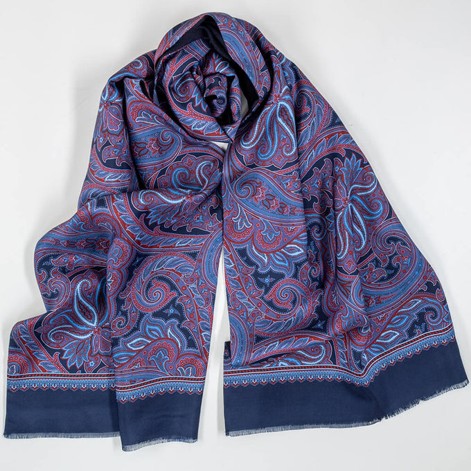 Cortona Navy and Crimson Paisley Silk and Wool Scarf
