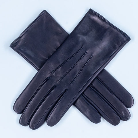Navy Silk Lined Italian Leather Gloves