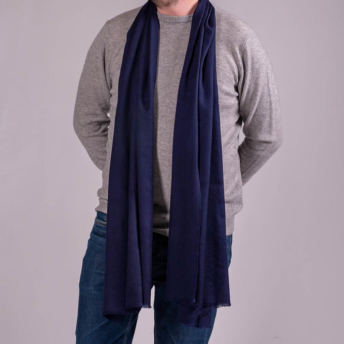 Classic Navy Silk and Wool Scarf