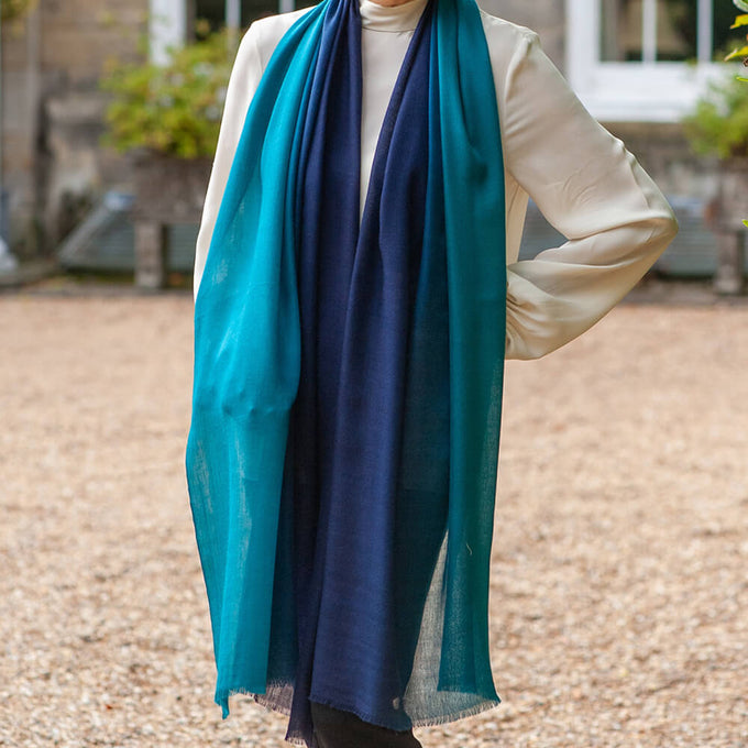 Navy to Teal Shaded Cashmere and silk Wrap